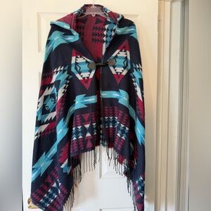 Canyon Sky hooded cape blue burgundy Aztec southwestern OS Fringe
